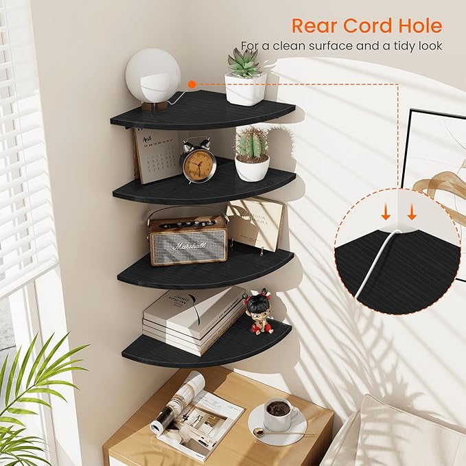 Homode Corner Shelf Wall Mount, 4 Tier Rounded Corner Floating Shelves, 12 Inch Deep Hanging Corner Shelf Storage, Wood Corner Wall Shelving for Living Room Bedroom Bathroom Kitchen, Black