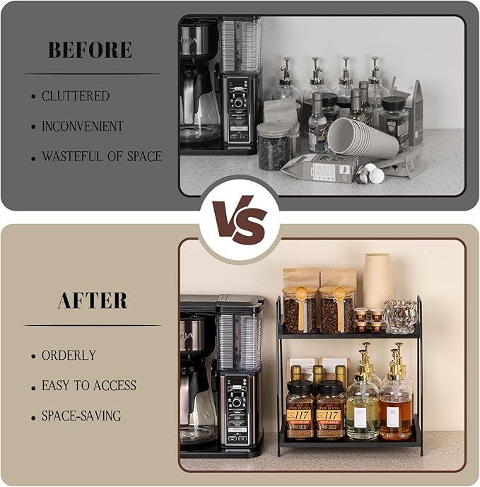 2-Tier Coffee Station Organizer, Wooden Kitchen Counter Shelf - Black