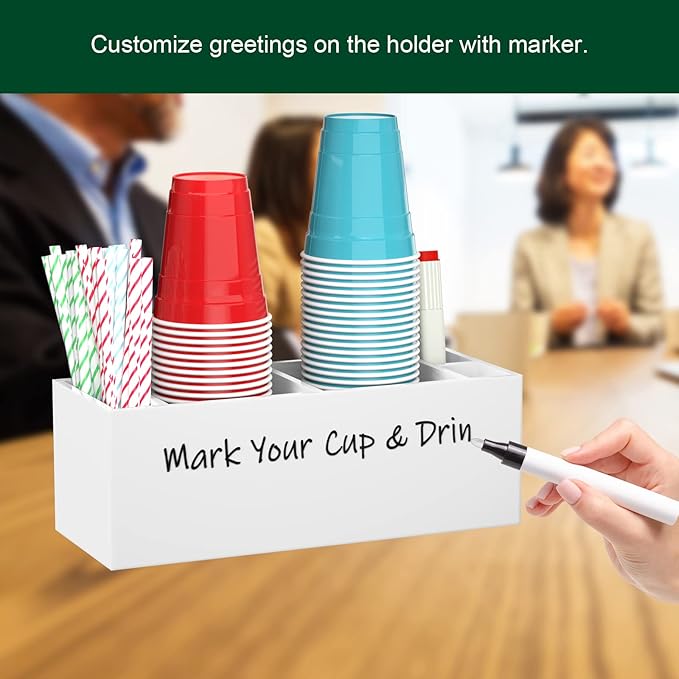 Double Cup Holder with Marker Slot, Party Cup Dispenser Acrylic Cup Organizer Mark Your Cup and Drink Up Caddy Modern Bar Counter Decor, White-NeatNest