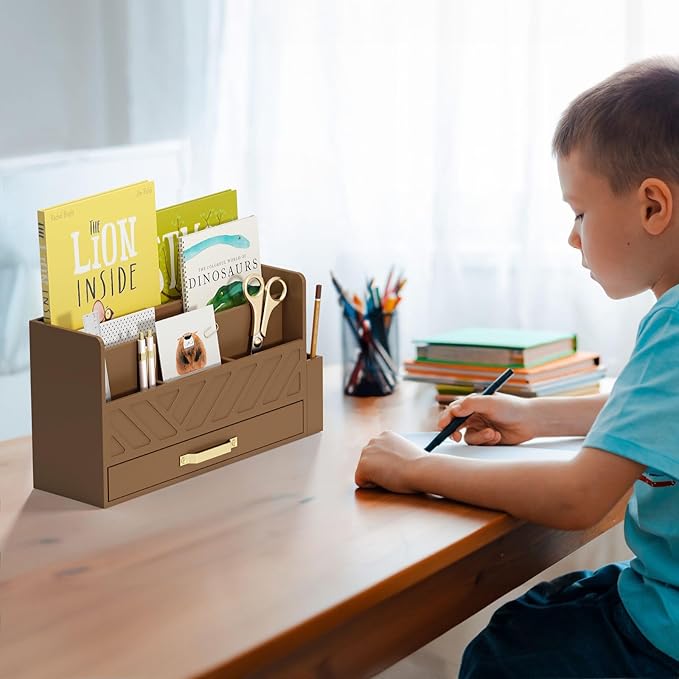Bamboo Desk Organizer Mail Holder Countertop Wood Desk Drawer Tabletop Storage Box Pen Holder Letter Sorter Makeup Organizer for School Home Office Supplies with Pen Holder Brown-NeatNest