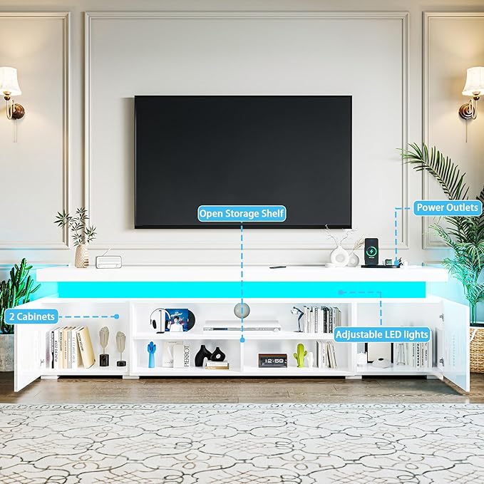 72" Modern TV Stand with LED Lights and Power Outlet for TVs Up to 80 inch, High Gloss Finish Entertainment Center, TV Console Cabinet with Storage for Living Room, White-NeatNest
