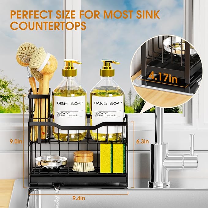 2-Tier Kitchen Sink Caddy with High Brush Holder&Self-Draining Tray,Rustproof&Non-Slip Sink Sponge Holder,Kitchen Countertop Storage Organizer,Soap Dispenser Storage - Black-NeatNest