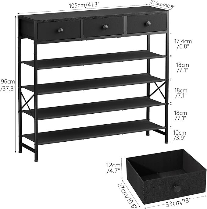 Shoe Rack, 5 Tier Shoe Organizer with 3 Drawers, Metal Shoe Storage for 24-30 Pairs of Shoes with Fabric Shelves and Wooden Top, Narrow Shoe Shelf for Closet Entryway Black-NeatNest