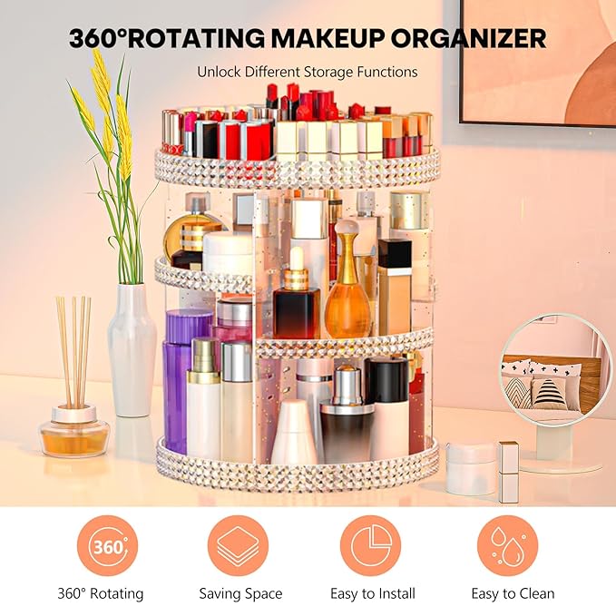 360 Degree Rotating Makeup Organizer, Extra Large Capacity Organizador De Maquillaje, Removable 7 Layers Lipstick Organizer Cosmetic Storage Cases Perfume Organizer for Vanity (Glitter)-NeatNest