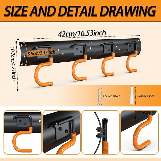3-H 2×16" All Metal Garden Tool Organizer, Garage Tool Organizer, Broom Holder Wall Mount for Garage, Shed, Garden, Basement Hanging and Organizing Rake, Mop, Shovel, Hose-NeatNest