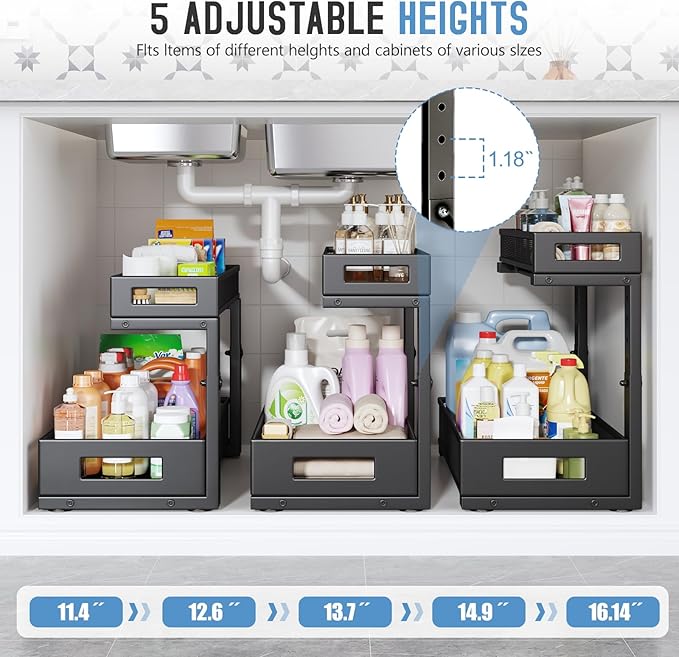 2 Pack 17IN Depth Under Sink Storage Organizer, Large 2-Tier Elegant Mesh Pull Out Shelf for Kitchen and Bathroom Cabinet Organization, L-Shaped and Adjustable Height Design-Black-NeatNest