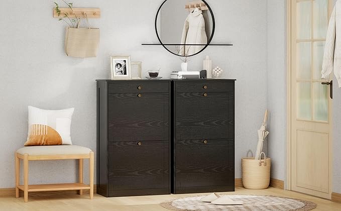 Shoe Storage Cabinet with 2 Flip Doors Set of 2, Wooden Narrow Shoe Cabinet Organizer with Drawer, Freestanding Hidden Shoe Rack with Adjustable Shelf for entryway, Hallway, Living Room, Black-NeatNest