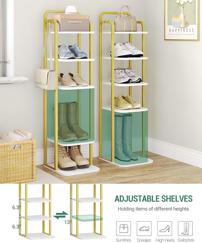 6 Tiers Vertical Shoe Rack, Narrow Shoe Tower, Tall Shoes Shelf with 2 Hooks, Adjustable Shelves, Corner Shoes Shelves for Small Spaces, Entryway, Living Room, White Gold SR04213A-NeatNest