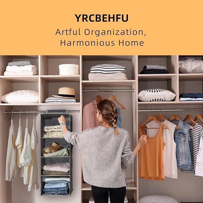 2 Packs Hanging Closet Organizer Stroage, 3-Shelf Hanging Shelves with Bamboo Inserts & Side Pocket, Grey-NeatNest