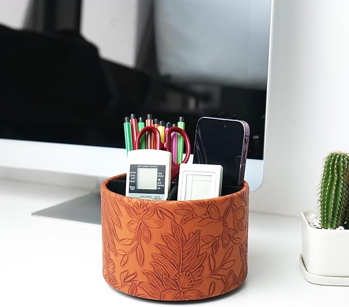 Hennaja Round Leather Art Supply Organizer,Remote Control Holder,360 Degree Spinning,Multi-Functional Pencil Holder,4 Compartments Desktop Stationary Organizer(1-Carved Brown)-NeatNest