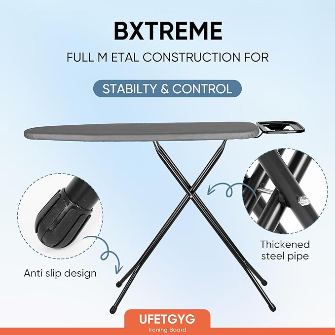 Classic Ironing Board 43" X 13" W/with Iron Rest | Full Metal Construction| Height Adjustable | Heat & Scorch Resistant Fabric | Anti-Skid Feet | Easy to Fold (Dark Grey)-NeatNest