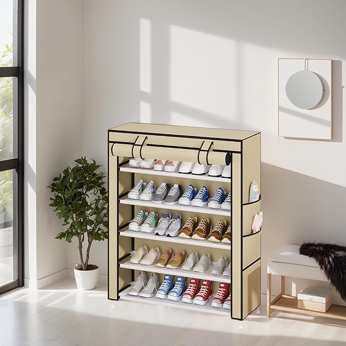 Laiensia 5-Tier Vertical Shoe Rack Organizer, Space Saving Shoe Storage Organizer, Non-Woven Cover Shoe Shelf Holds 20-25Pairs for Bedroom, Hallway, Closet Entryway, Beige-NeatNest