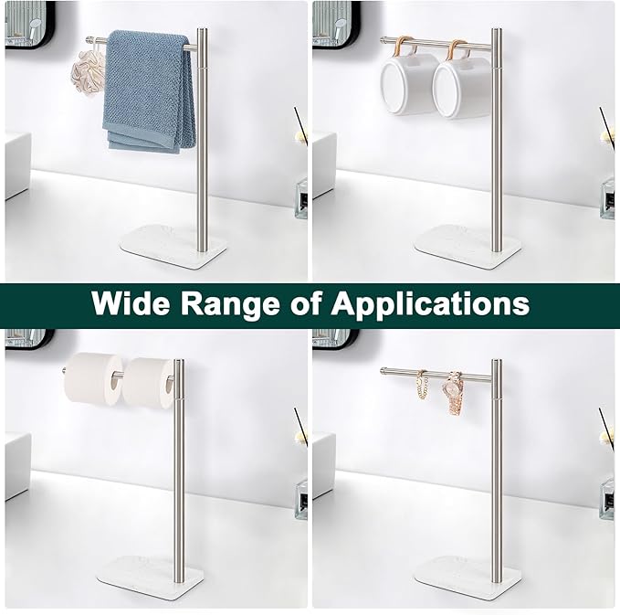 Hand Towel Holder, L-Shape Hand Towel Stand with Marble Base, Stainless Steel Swivel Hand Towel Rack Bar Standing for Bathroom Kitchen Countertop, 1 Arm (Brushed Nickel)