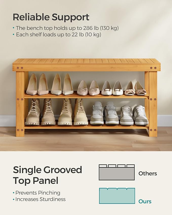 SONGMICS Shoe Rack Bench, 3-Tier Bamboo Shoe Storage Organizer, Entryway Bench, Holds Up to 286 lb, 11.3 x 35.4 x 17.8 Inches, for Entryway Bathroom Bedroom, Natural ULBS90N-NeatNest