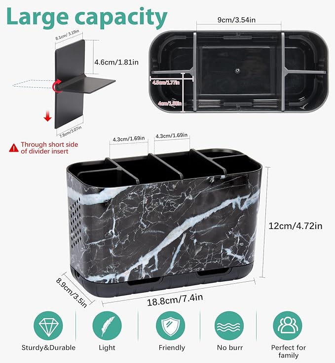 Boperzi Black Toothbrush Holder for Bathroom Toothpaste Organizer Countertop, Detachable Anti-Slip Marble Toothpaste Storage Caddy 6 Slots with Drainage Holes for Makeup Brush Razor Stand-NeatNest