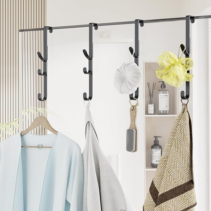 Over The Door Hooks Hanger,Over The Door Towel Hook Organizer Hanging for Coat Clothes Backpack hat Purse Metal Towel Rack Back of Shower for Bathroom,Dorm,Bedroom,Kitchen,Office Closet Black-4Packs