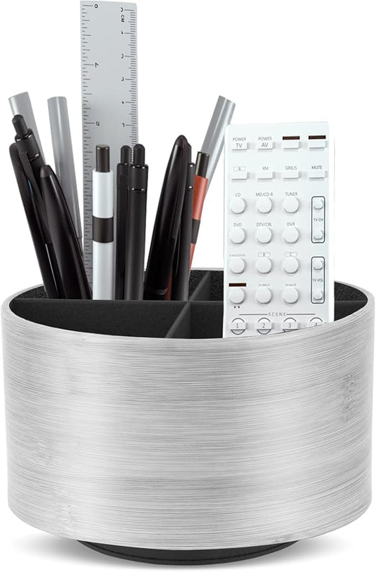 Hennaja Round Leather Art Supply Organizer,Remote Control Holder,360 Degree Spinning,Multi-Functional Pencil Holder,4 Compartments Desktop Stationary Organizer(1-Light Grey2)-NeatNest