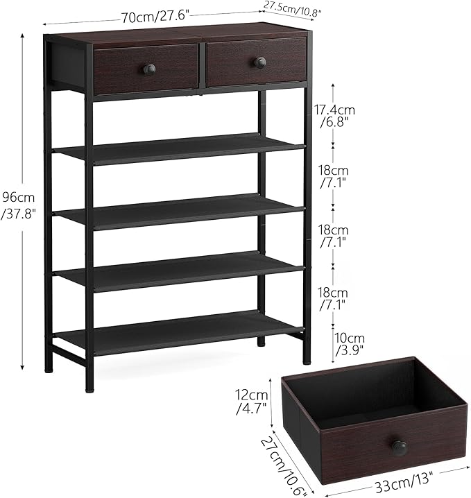 Shoe Rack, 5 Tier Shoe Organizer with 2 Drawers, Metal Shoe Storage for 16-20 Pairs of Shoes with Fabric Shelves and Wooden Top, Narrow Shoe Shelf for Closet Entryway Dark Brown-NeatNest