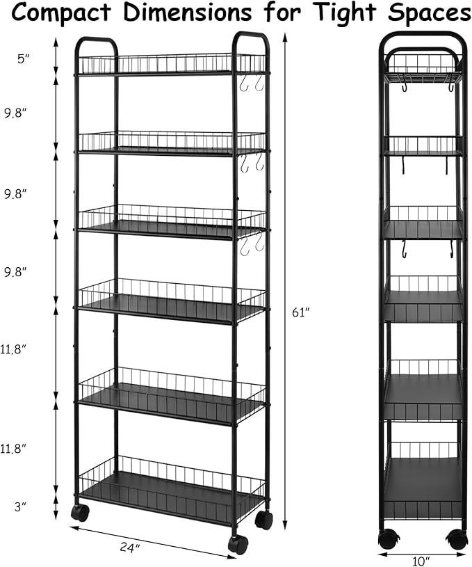 6 Tier Slim Storage Cart with Wheels Metal Rolling Organizer Utility Cart Narrow Mobile Shelving Unit Tiered Storage Shelf on Wheels for Kitchen Bathroom (Black, 10")