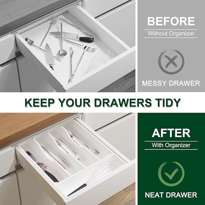 Bellsal White Utensil Organizer 10 Inch Silverware Tray for Drawer - 5 Compartment Small Narrow Bamboo-NeatNest