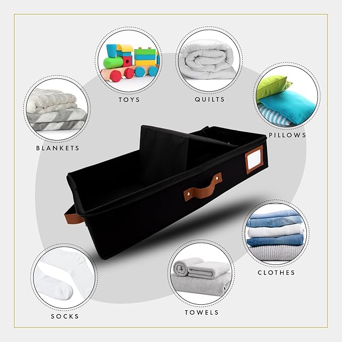 HOMELUX THEORY 2pc Under Bed Storage Containers, Bedroom Under the Bed Drawer Storage Organizer with Bins and Lids, Large Underbed Clothes Storage Box Ideal for Blanket, Fabric, & Shoes (Black)-NeatNest