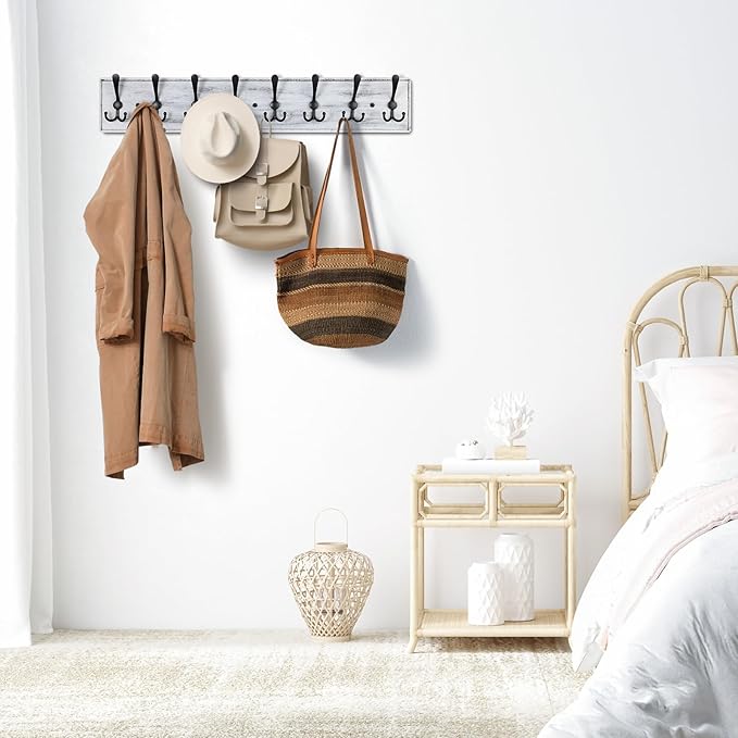 Coat Rack Wall Mount, Wooden Heavy Duty Coat Rack for Wall,8 Triple Coat Hanger Hooks for Hanging Coats,Jacket,Hat,Clothes (Grey White, 8 Hooks)-NeatNest