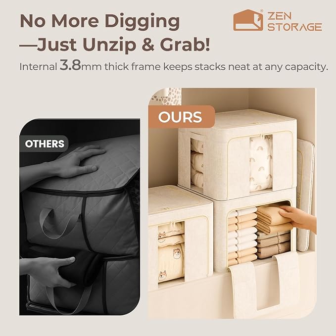 3Pack 60L Large Cloth Storage Bins with Metal Frame, Linen Storage Box with Clear Window, Stackable Sweater Storage for Closet, Clothes Containers for Comforters, Blankets, Quilts, T-shirt-NeatNest