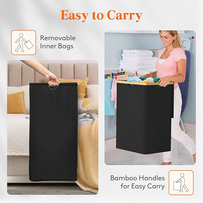 Lifewit 160L Double Laundry Hamper with Lid, Extra Large Bamboo Laundry Basket Dirty Clothes Hamper, 2 Section Laundry Bin Organizer for Laundry Room Bedroom with 2 Removable Liners & Bags, Dark Black-NeatNest