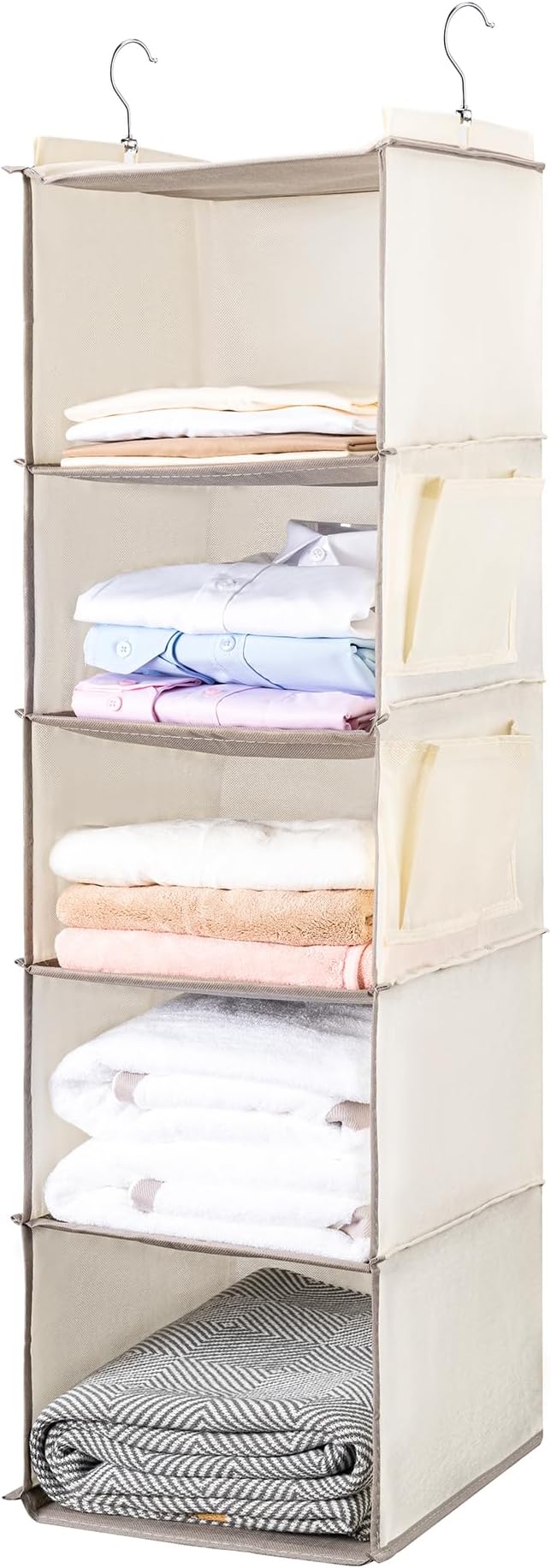 BOOMIBOO Hanging Closet Organize and Shelves，5-Hanging Shelf with 2 Side Pockets，Storage Foldable （2 Pack ，Beige）-NeatNest