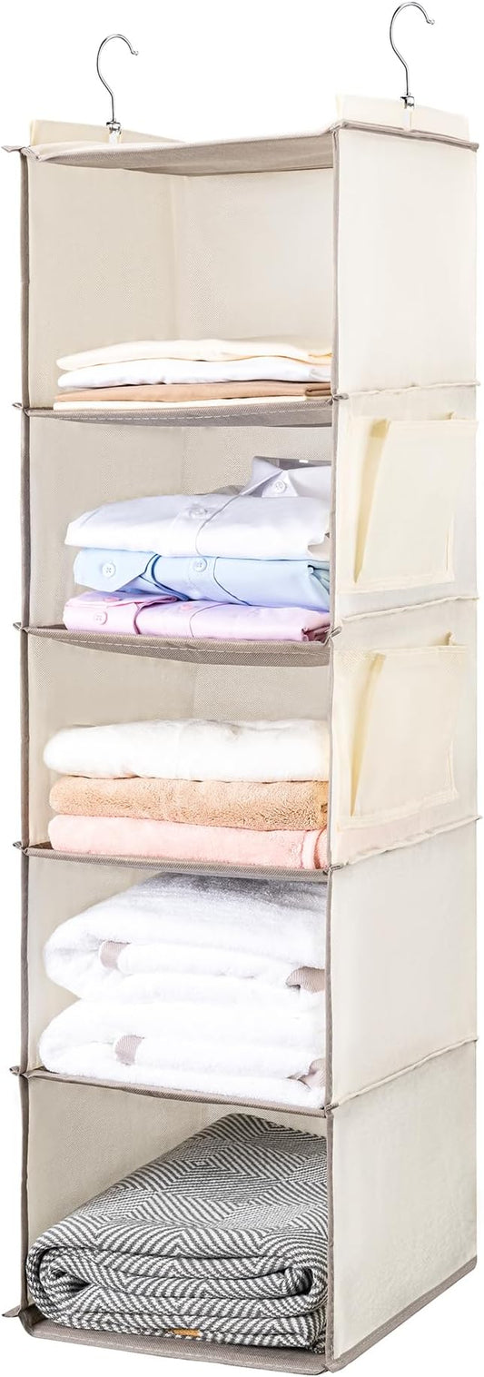 BOOMIBOO Hanging Closet Organize and Shelves，5-Hanging Shelf with 2 Side Pockets，Storage Foldable （Beige）-NeatNest