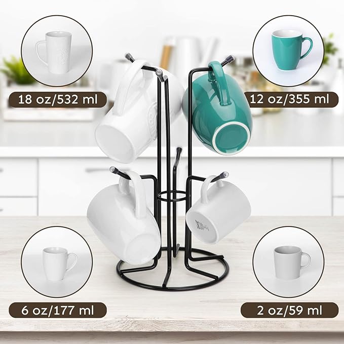 HULISEN Mug Tree for Large Cups, Counter Coffee Mug Holder with 6 Hooks, Metal Coffee Cup Holder Tree, Standing Rack for Countertop, Kitchen Counter Decor, Black-NeatNest