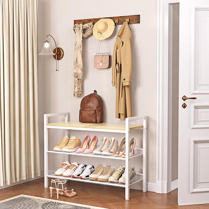 Shoe Rack for Front Door Entrance, 3 Tier Shoe Rack for Entryway, Shoe Shelf for Closet, Metal Shoe Racks Organizer with Sturdy Wooden Top & Steel Frame,(White+Beige)-NeatNest