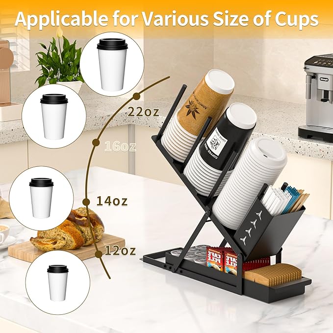 Cup and Lid Holder with Straw Organizer Coffee Station Organizer, Metal Cup Dispenser 5 Compartment Coffee Cup Holder for Coffee Bar Accessories, Disposable Paper Cups, Plastic Cups, Lids-NeatNest