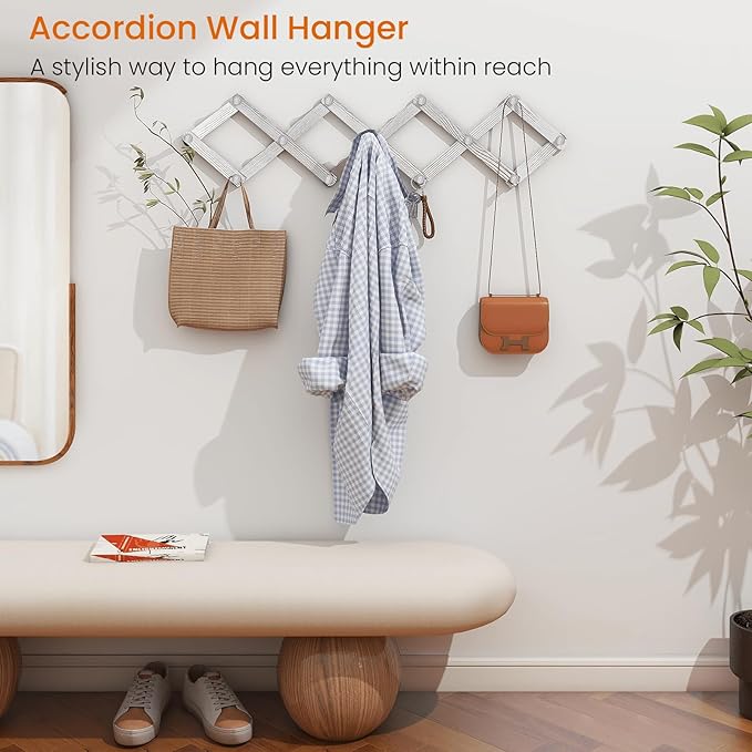 Homode Accordian Wall Hanger, Expandable Coat Rack Wall Mounted, Accordion Style Wood Hat Rack with 13 Peg Hooks for Hanging Coats, Hats, Mugs, Bags, Purses, Necklaces, Rustic White-NeatNest