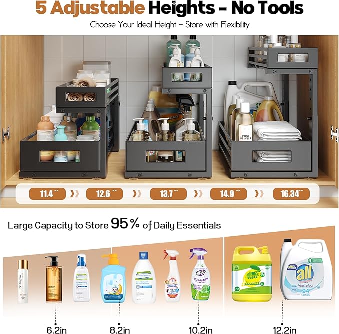 1-Pack Under Sink Organizers and Storage,2-Tier L Shape Pull Out Cabinet Organizer With Round Tube Slide Rails,Hight Adjustable Slide Out Drawers for Kitchen&Bathroom,Multi-Purpose Storage Shelf-Black-NeatNest