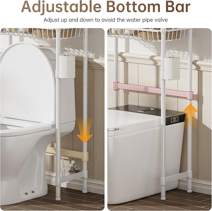 3-Tier Over-The-Toilet Storage Shelf,Heavy-Duty Adjustable Bathroom Rack with 2 Mesh Baskets,Toilet Paper Holder & Hooks,Space-Saving Organizer for Bathroom,10”D x 24”W x 66”H,White