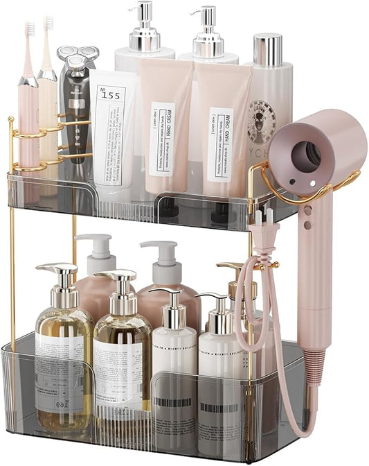 2 Tier Bathroom Organizer Countertop Makeup Perfume Tray Skincare Organizer Comes with Hair Dryer Rack and Toothbrush Holder for Bathroom Dresser Vanity (Grey)-NeatNest