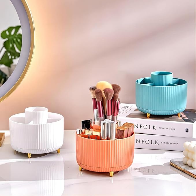 DASITON Large Capacity Makeup Brush Holder,360° Rotating Makeup Organizer,5 Slot Makeup Brushes Cup,for Vanity Decor,Bathroom Countertops,Desk Storage Container,Cosmetic Display cases(White)-NeatNest