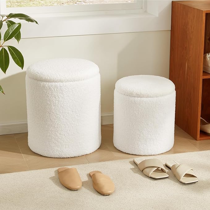 Boucle Round Ottoman with Storage Set of 2,Small Foot Stool Ottoman for Living Room, Small Coffee Table,Vanity Stool with Storage for Bedroom, White-NeatNest