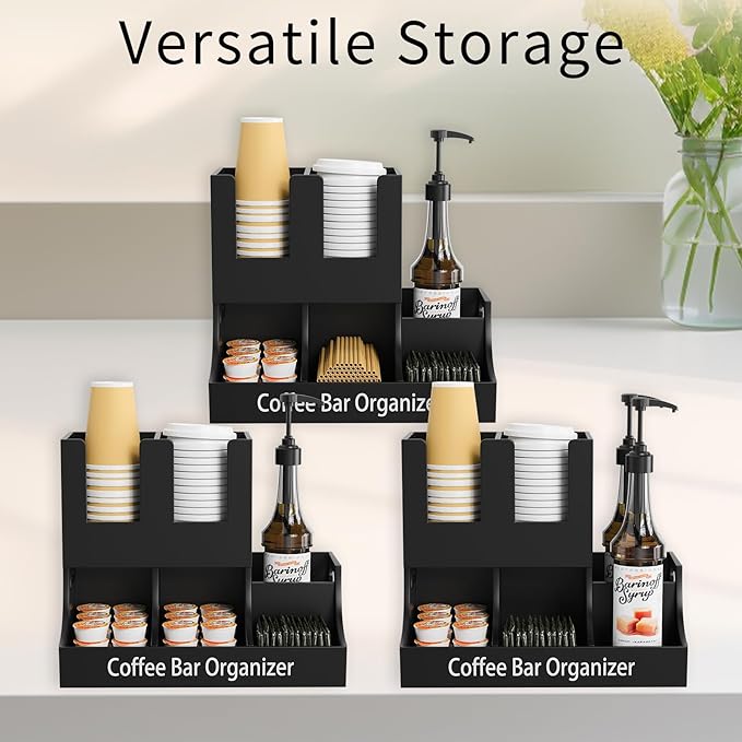 Coffee Station Organizer, Wooden Coffee Bar Organizer for Countertop, Condiment and Cup Storage Organizer, Bar Accessories for Kitchen, Office, Home, Small Black-NeatNest