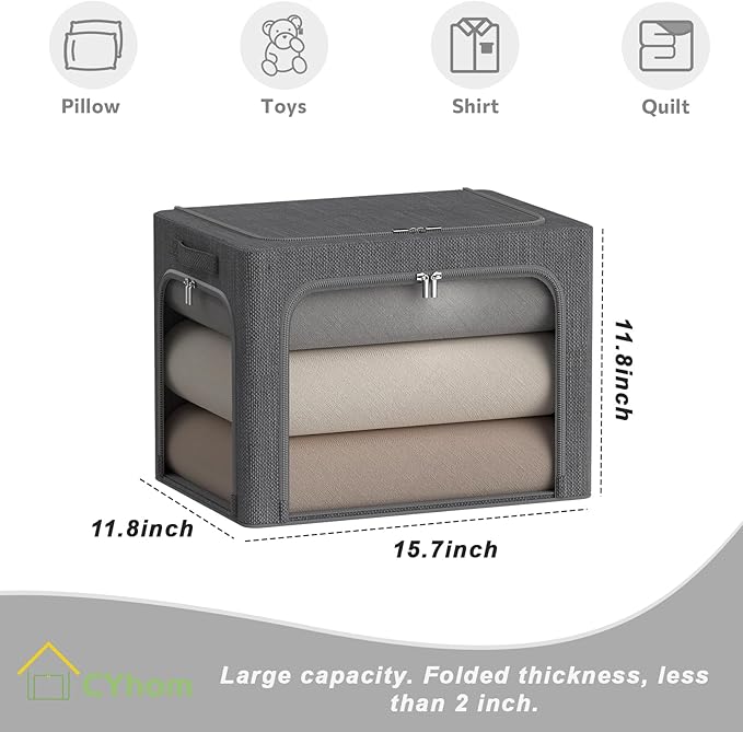 3 Openings Clothes Storage Bins Box - 3Pack Stackable Foldable Bin With Metal Frame - Clothing Organizer With Clear Window, Carry Handles (36L-15.7x11.8x11.8in, Dark Grey)-NeatNest