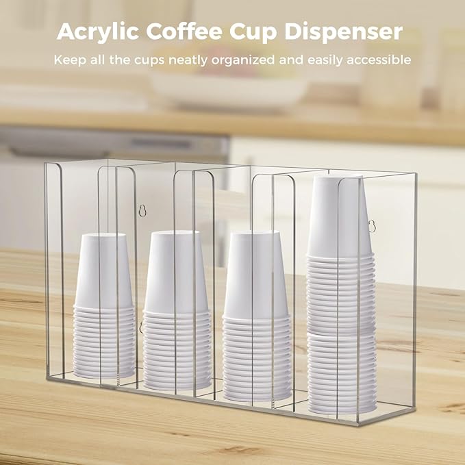 4-Compartment Acrylic Cup Dispenser, White, 116.54.19.6 inches, Clear Desktop or Wall-Mounted Cup Organizer for Coffee, Bar, Restaurant-NeatNest