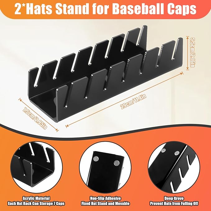 Hat Stand for Baseball Caps, 2 Pack No Install Acrylic Hat Organizer for 14 Baseball Caps Storage Organizer, Hat Racks Hat Holder Display and Organization for Closet, Bedroom, Dresser (Black-2Pack)-NeatNest
