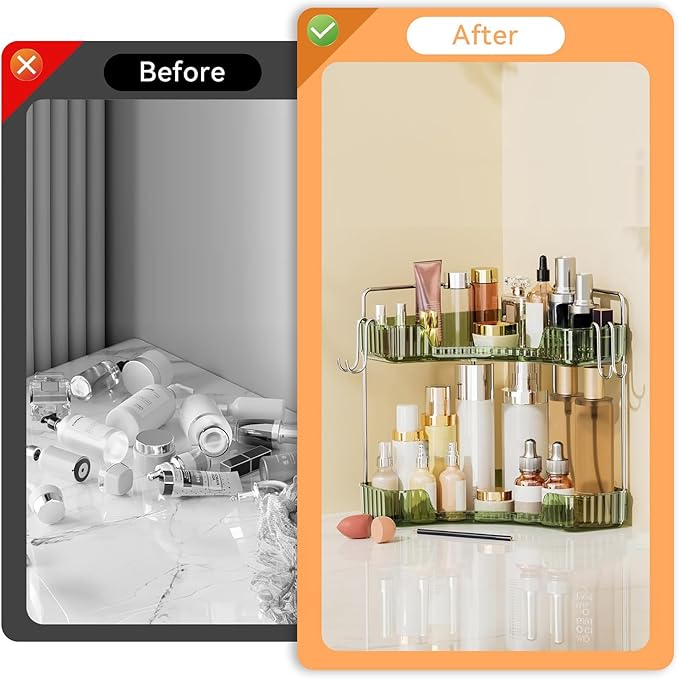 Makeup Organizer for Vanity 2 Tier Bathroom Organizers and Storage Countertop with Hooks Skin Care Exquisite Vanity Organizers Corner Bathroom Counter Storage-Green-NeatNest