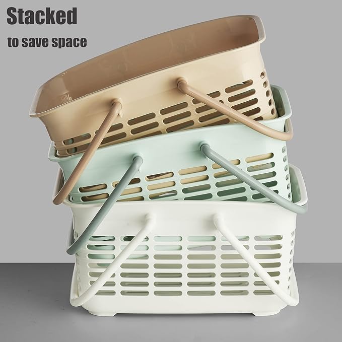 ALINK Plastic Shower Caddy Basket with Handle, Portable Organizer Storage Basket for College Dorm, Bathroom, Kitchen - Khaki
