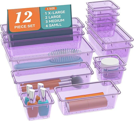 12-Piece Drawer Organizer Set, 4 Sizes Versatile Plastic Vanity Organizer for Makeup, Stationery, Gadgets, in Kitchen, Bathroom, Office, and Bedroom, Purple-NeatNest