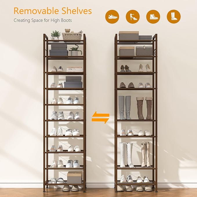 usikey 10 Tiers Narrow Shoe Rack 20-30 Pairs, Sturdy Metal Tall Shoe Rack Shelf with 4 Hooks, Slim Shoe Storage with Metal Shelf, Space Saving Vertical Shoe Organizer for Entryway, Closets,Bronze
