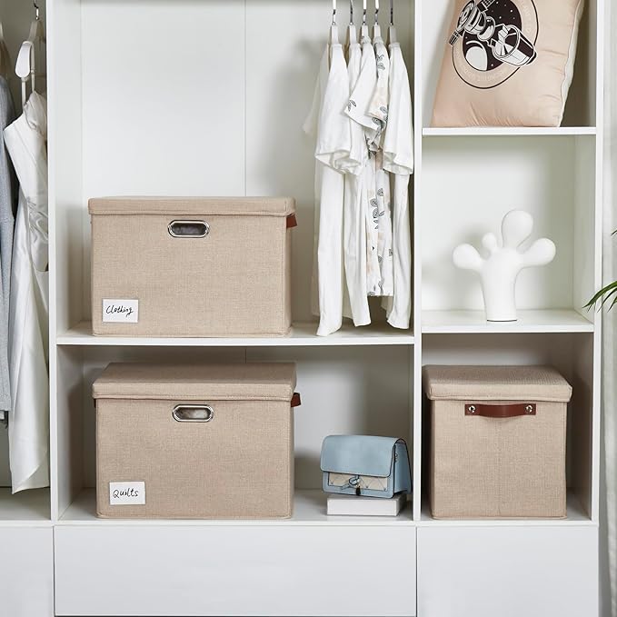 17" Large Collapsible Storage Bins with Lids, Stackable Closet Organizers with PU Handle and Labels, 3-Pack Decorative Fabric Storage Boxes for Home, Bedroom, Closet, Office, Nursery(Khaki)-NeatNest