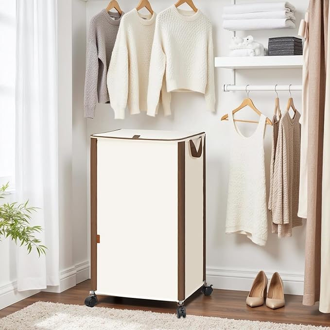 STORAGE MANIAC Rolling Laundry Hamper with Lid, 23.7 Gal (90 L) Large Tall Laundry Basket with Wheels & Handles, Aesthetic Dirty Clothes Hamper for Small Space, Dorm, Apartment, College, Beige