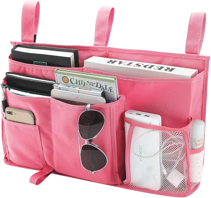 Bseash Bunk Bed Organizer, Bedside Caddy Hanging Bed Organizer Storage Bag 8 Pockets, for College Dorm Rooms Bed, Hospital Bed, Baby Bed Rails, 600D Oxford Cloth (Pink)-NeatNest